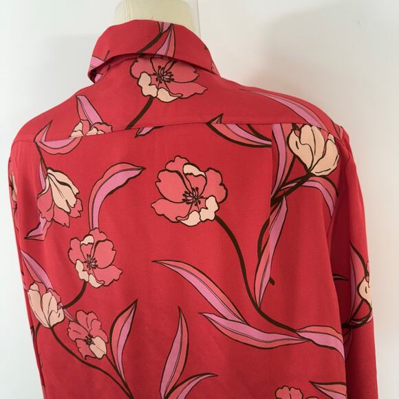 St. John Stretch Silk Button-Down Long Sleeve Shirt Poppy Red Floral 12 - Picture 8 of 12